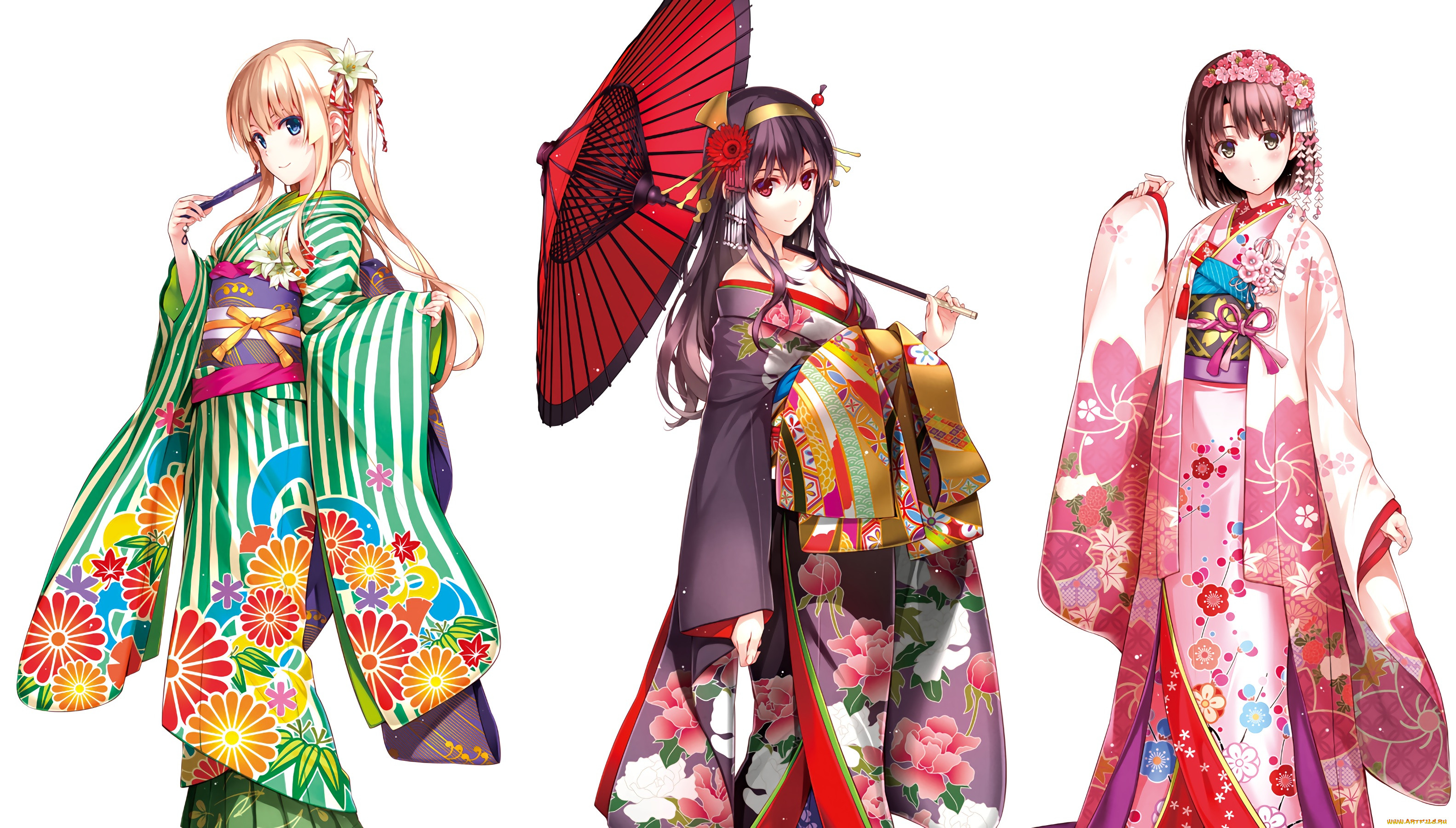 аниме, unknown, другое, девушки, взгляд, фон, кимоно, зонтик.